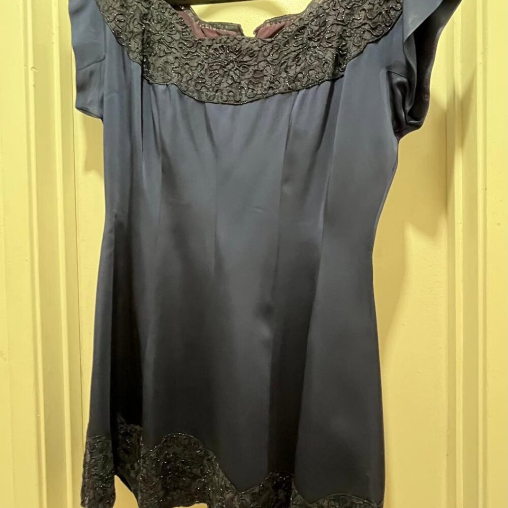 Vintage Navy Blue Satin Skirt Suit Bernetti New York Estimated Sz.12